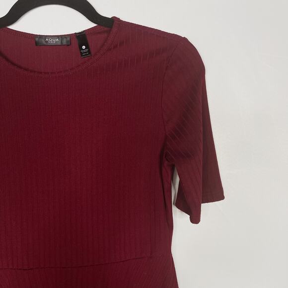 Aqua Girls XLarge XL Burgundy Red Rib Knit Fit and Flare Dress Short Sleeve Crew - Picture 3 of 8